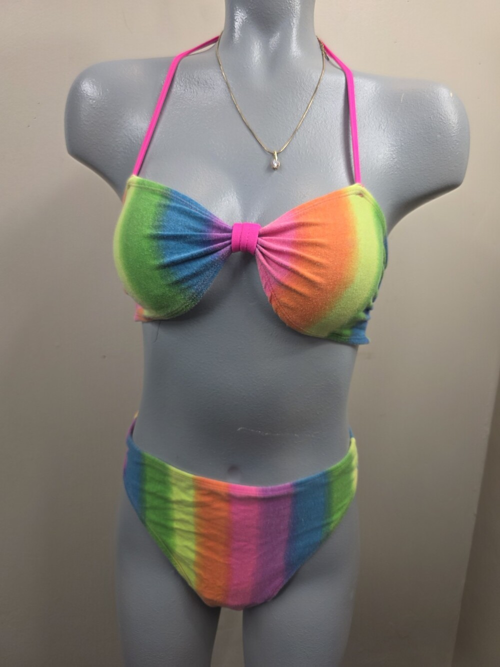 Vintage 1980s Rainbow Striped Bikini Set with Neon Pink Details